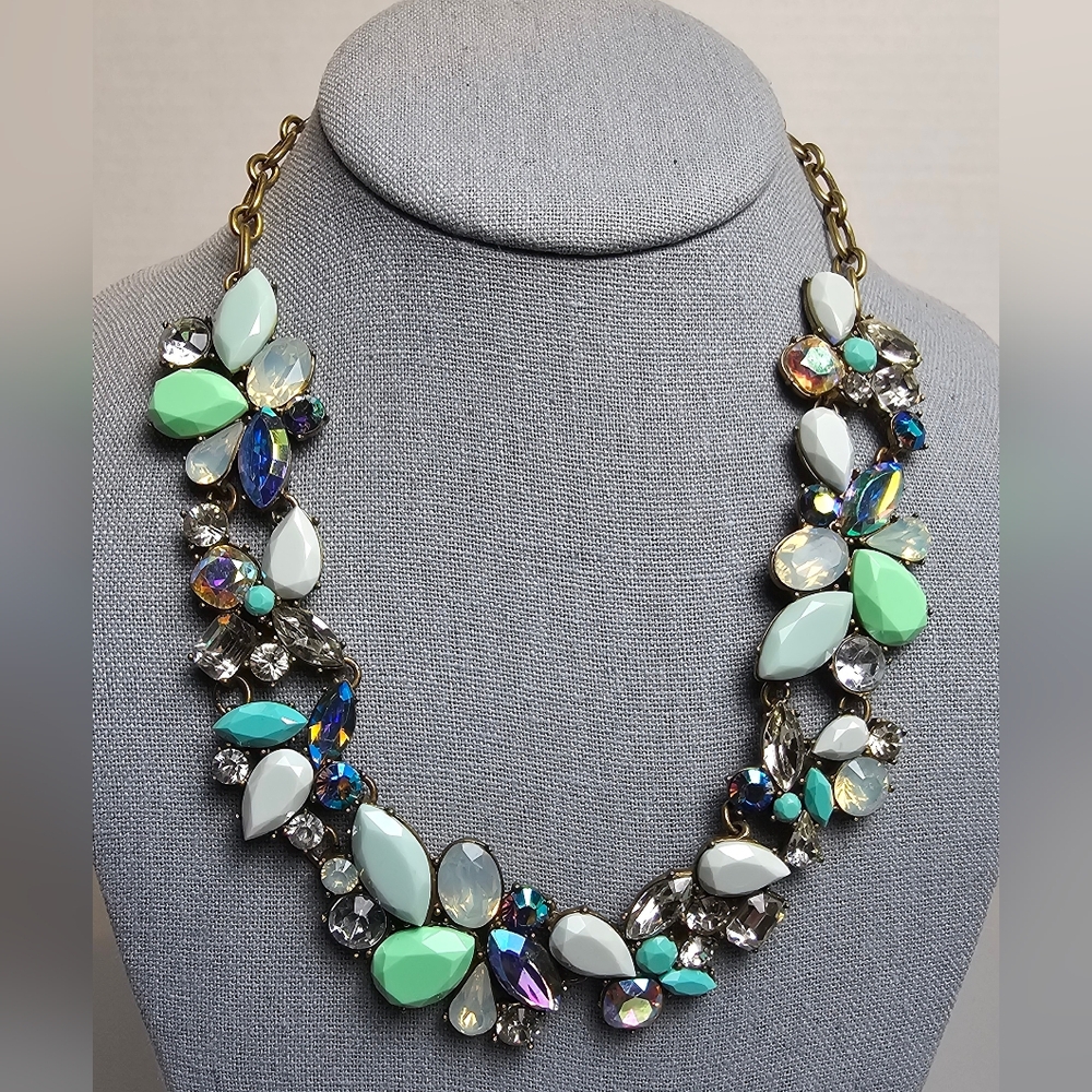 [J. Crew] Cluster Statement Necklace Mint Green, Gray White & Iridescent Stones